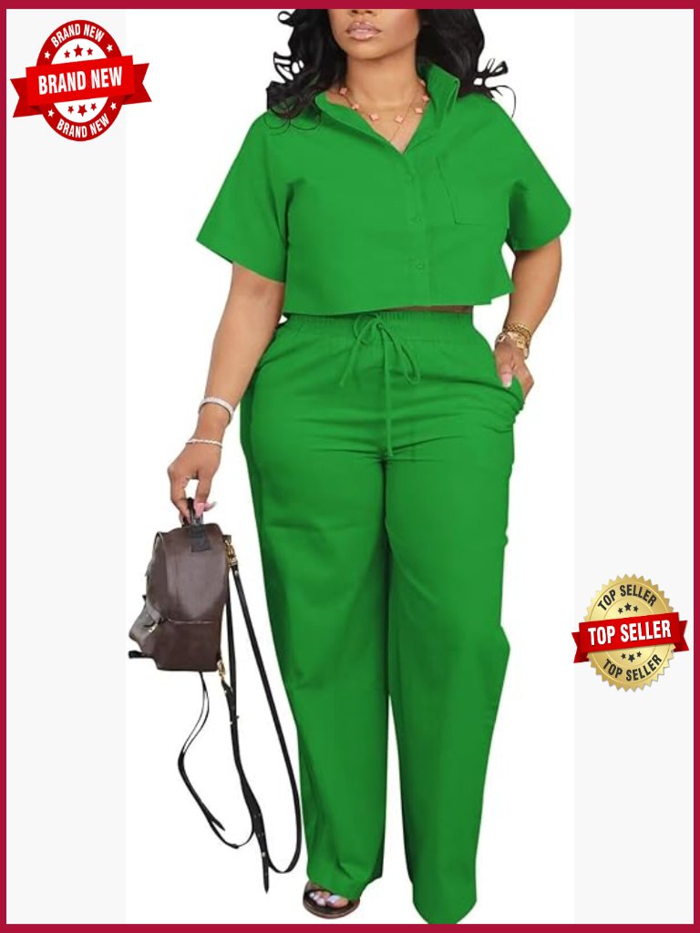 2 Piece Outfits Crop Top & Wide Leg Pants Set Work Vacation